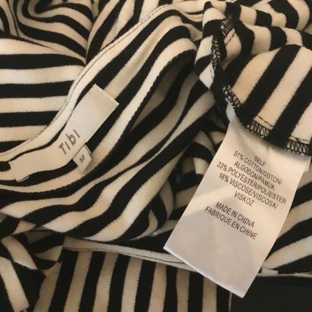 Tibi black cream striped top 3/4 pattern sleeve square neck coastal classy M - Picture 5 of 6